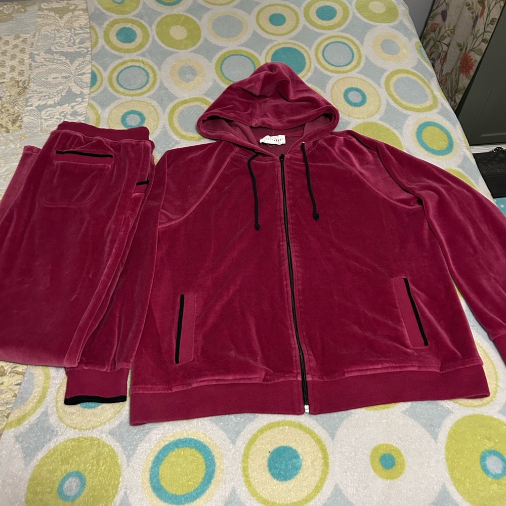 Sport Savvy Large Velour Zip-Up Hoodie and Track Suit Set - Deep Raspberry